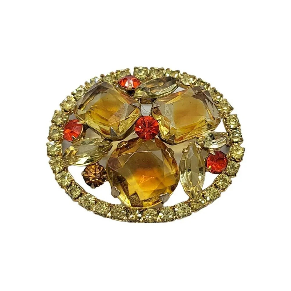 Juliana Autumn Fall Topaz Red Rhinestone Oval Geometric Brooch Vintage